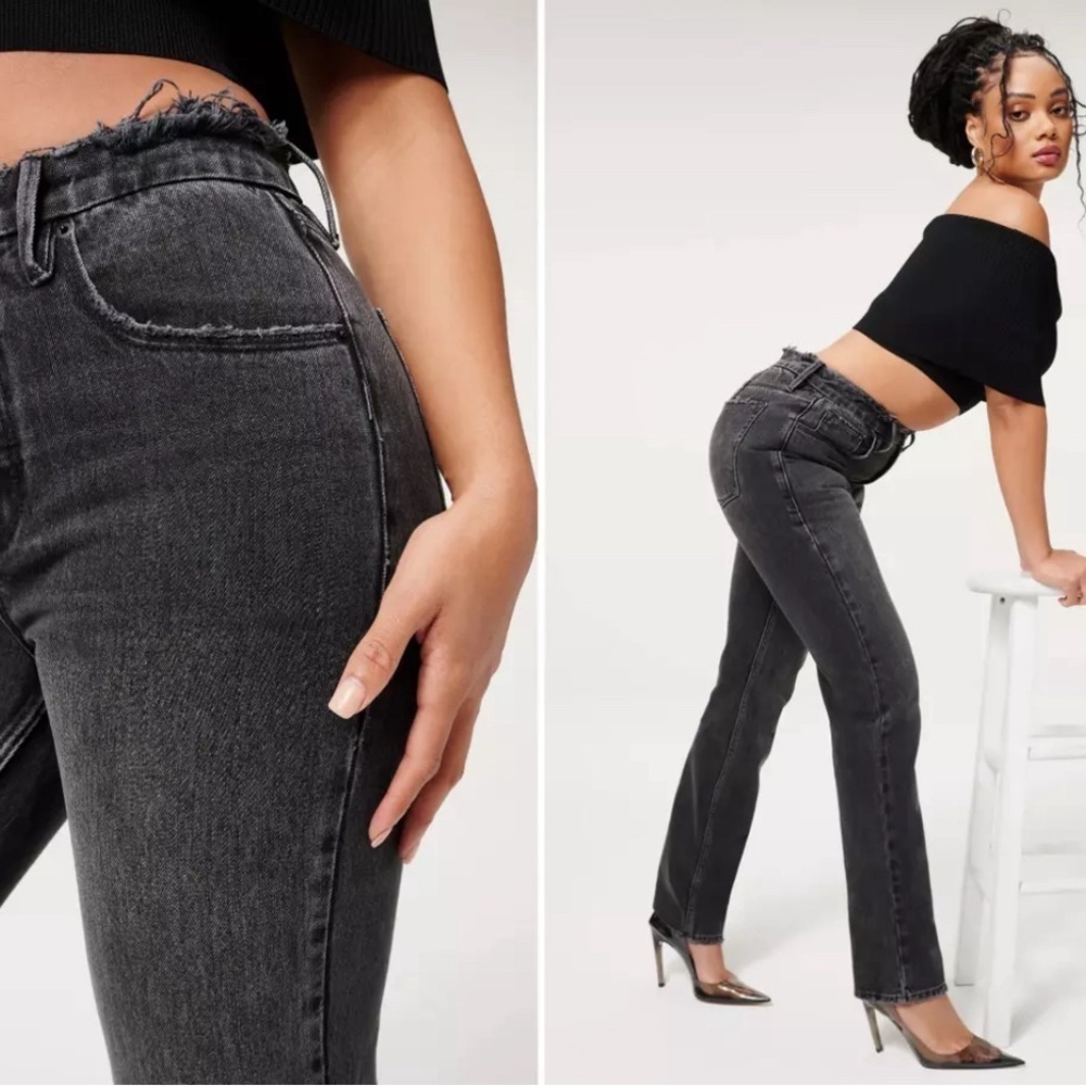 Good American Jeans 90s Icon Straight Leg High Rise GNIC999BT Black 251 Size 0